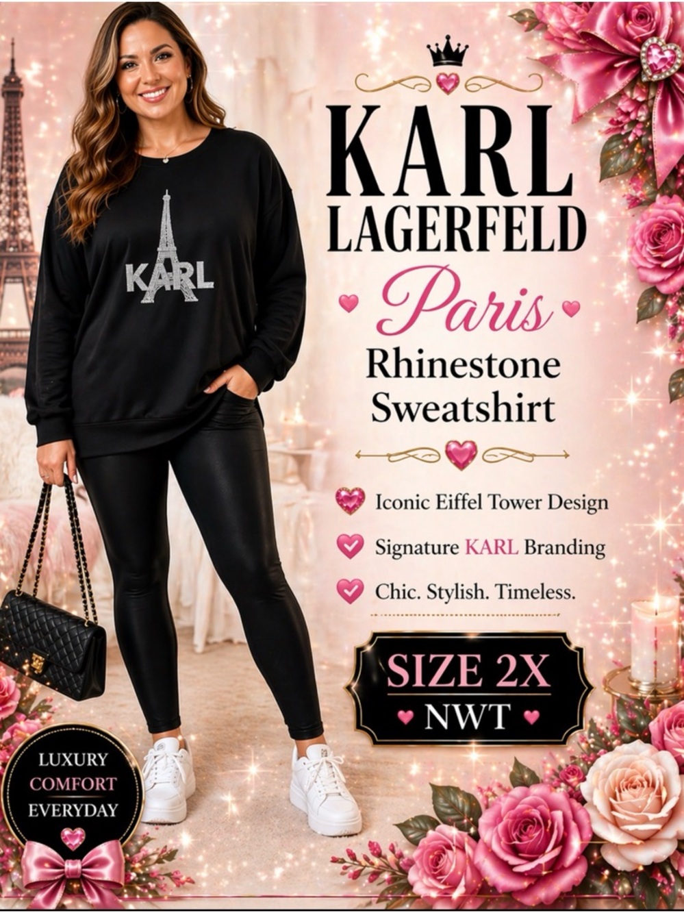 Karl Lagerfeld Black Sweatshirt with Silver Paris Eiffel Tower Women Size 2X NWT - Picture 8 of 12
